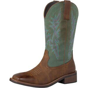 SheSole Womens Turquoise-brown Wide Calf Square Toe Western Fashion Cowgirl Boot